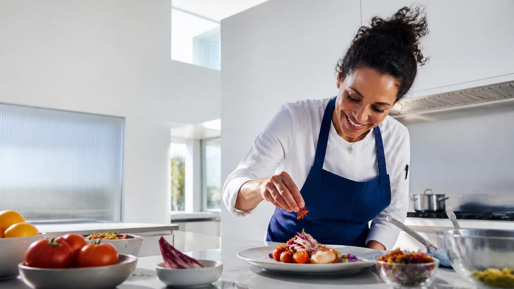 A private chef adding the finishing touch to a colorful plate in a bright modern home kitchen