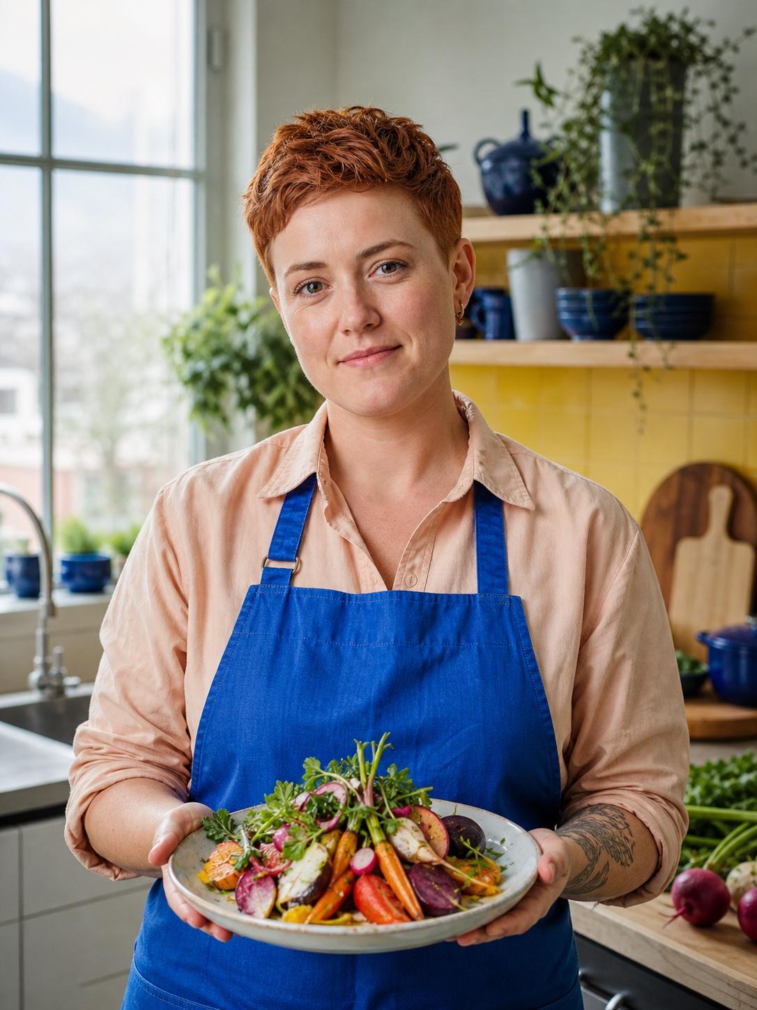 Illustrative portrait of chef Claire D. in a home kitchen