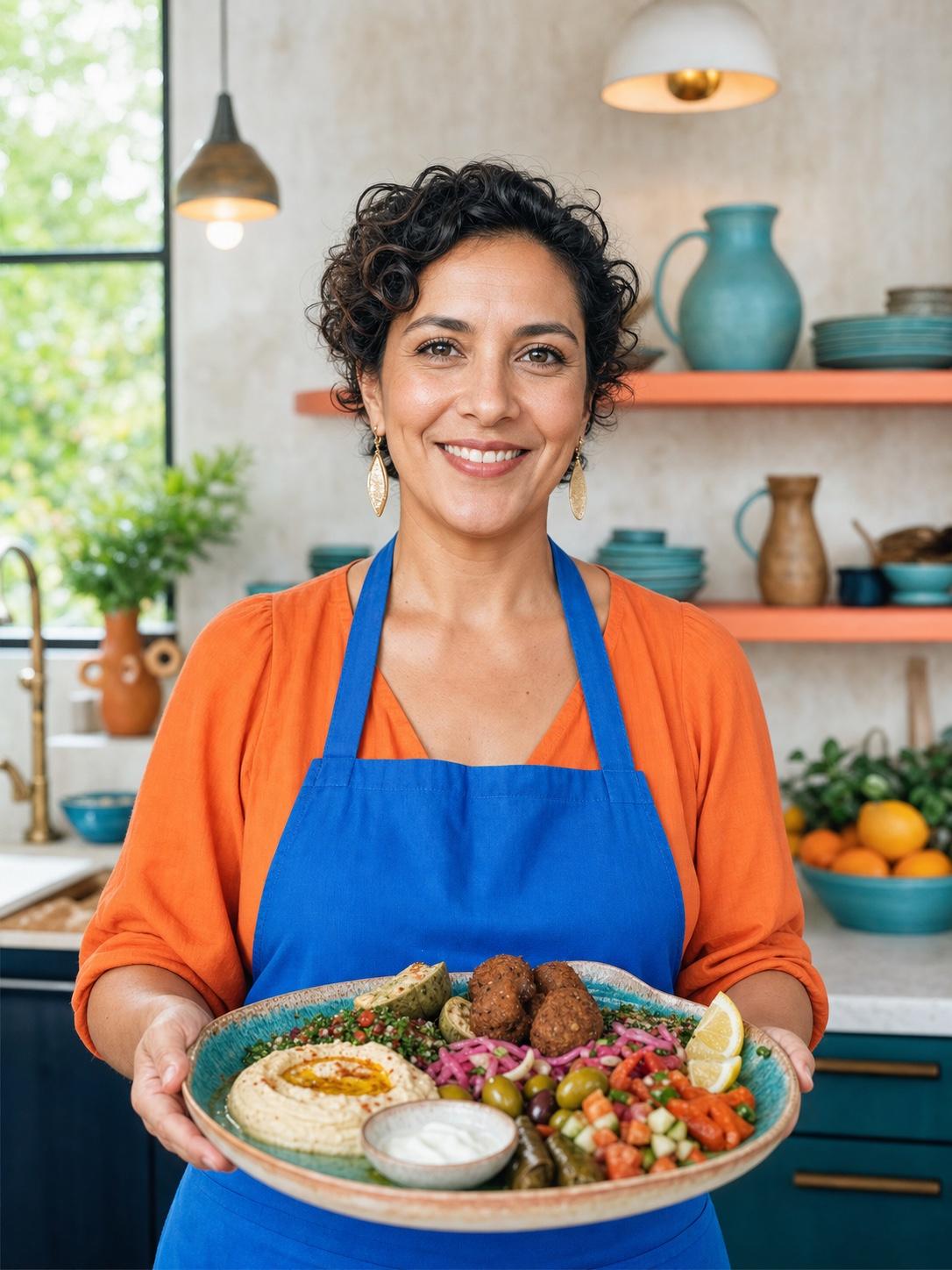 Illustrative portrait of chef Sofia R. in a home kitchen