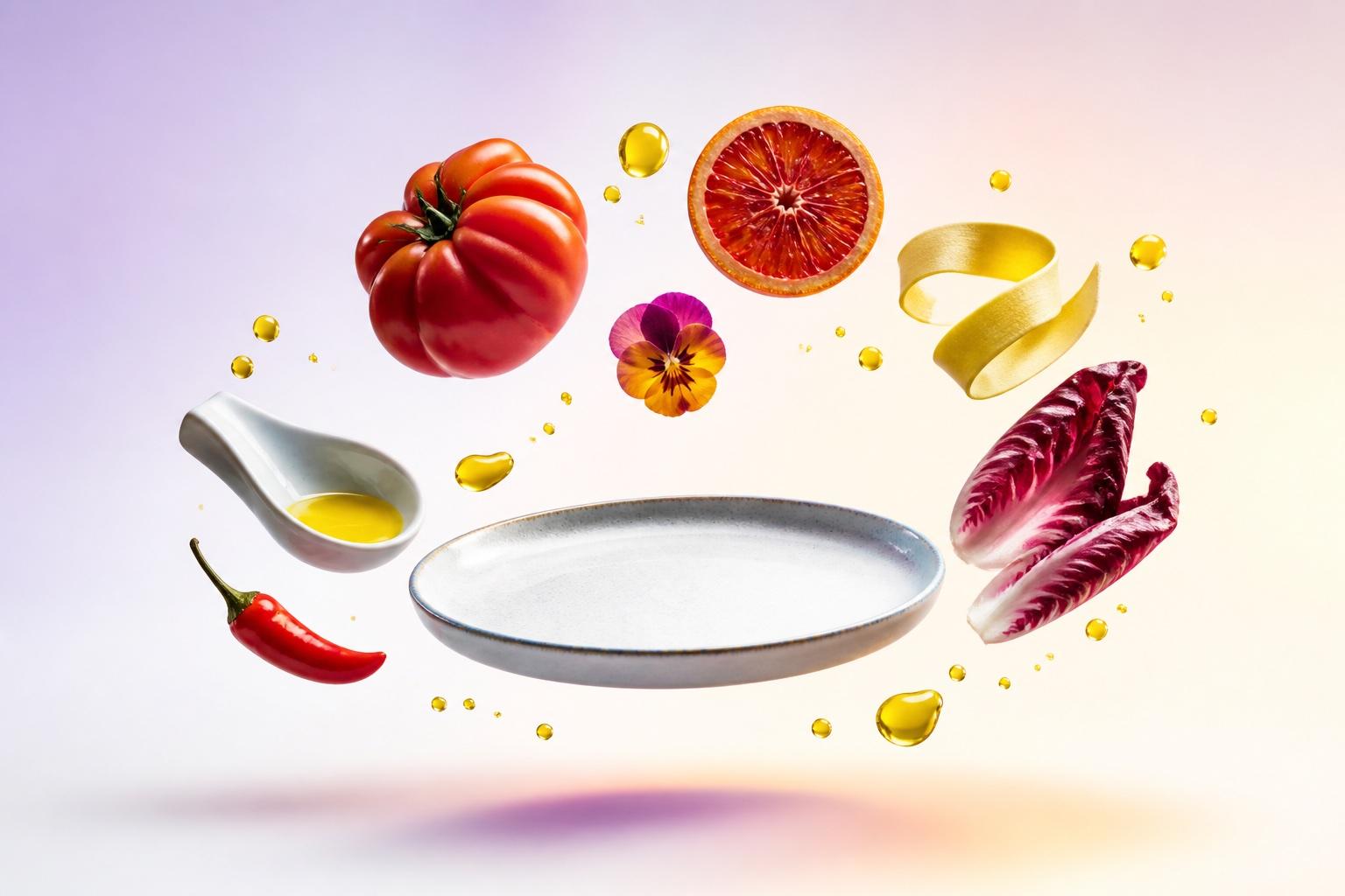 Colorful fresh ingredients floating around a modern ceramic plate