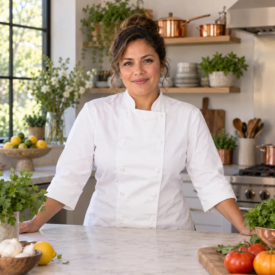 Illustrative portrait of chef Maria G. in a home kitchen