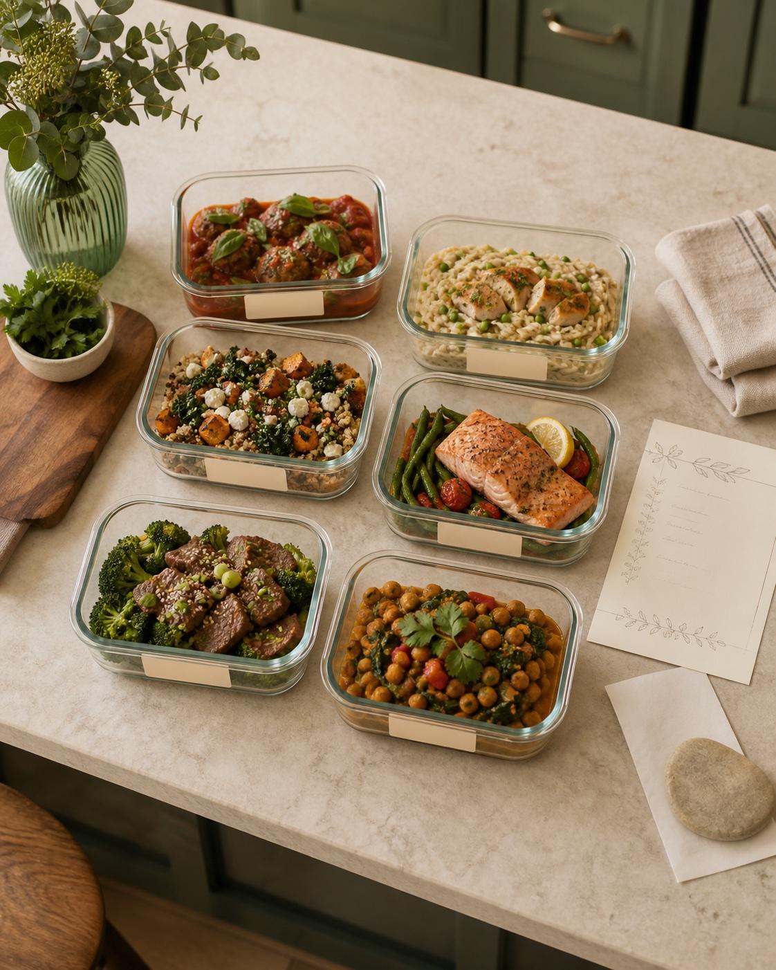 A chef arranging colorful prepared meals in reusable containers