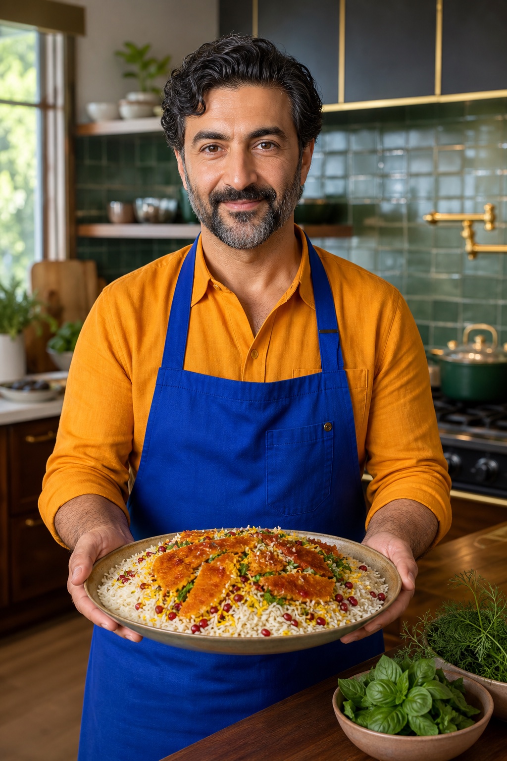 Illustrative portrait of chef Amir H. in a home kitchen