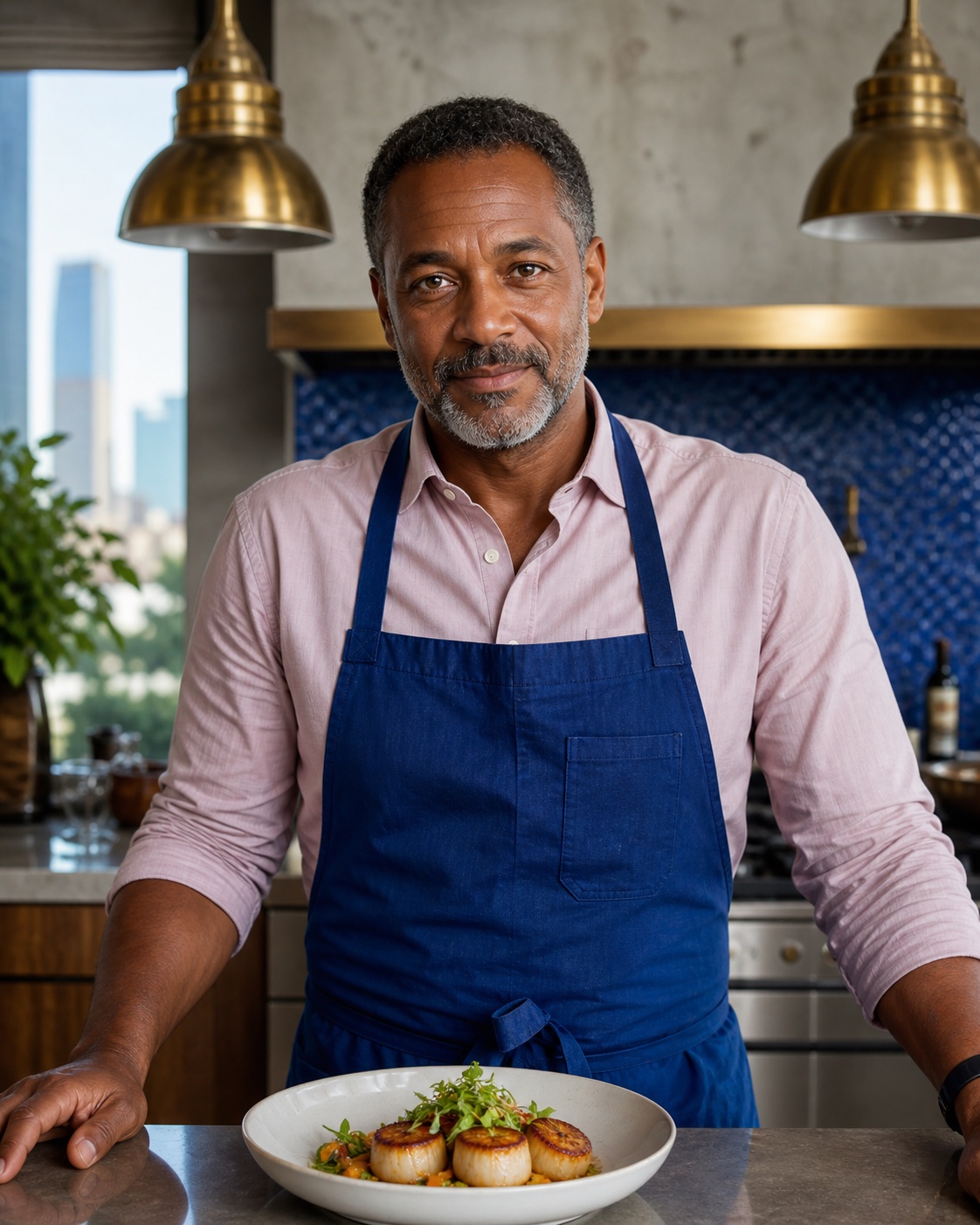 Illustrative portrait of chef Antoine L. in a home kitchen