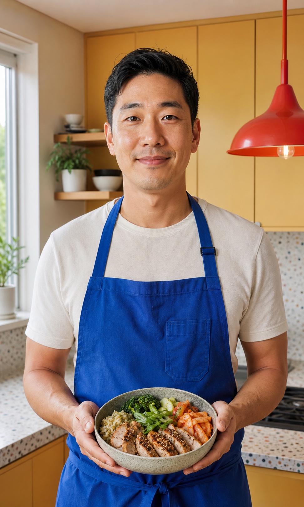 Illustrative portrait of chef Daniel K. in a home kitchen