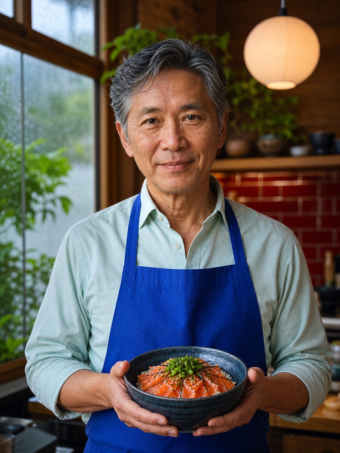 Illustrative portrait of chef Kenji T. in a home kitchen