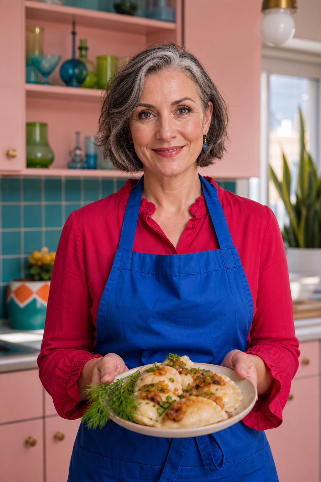 Illustrative portrait of chef Lena V. in a home kitchen