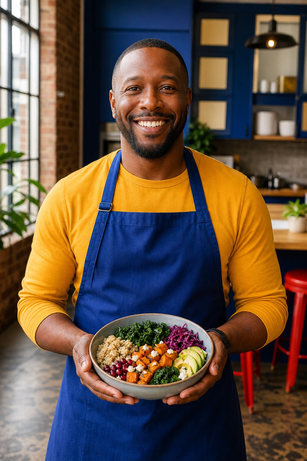 Illustrative portrait of chef Marcus B. in a home kitchen