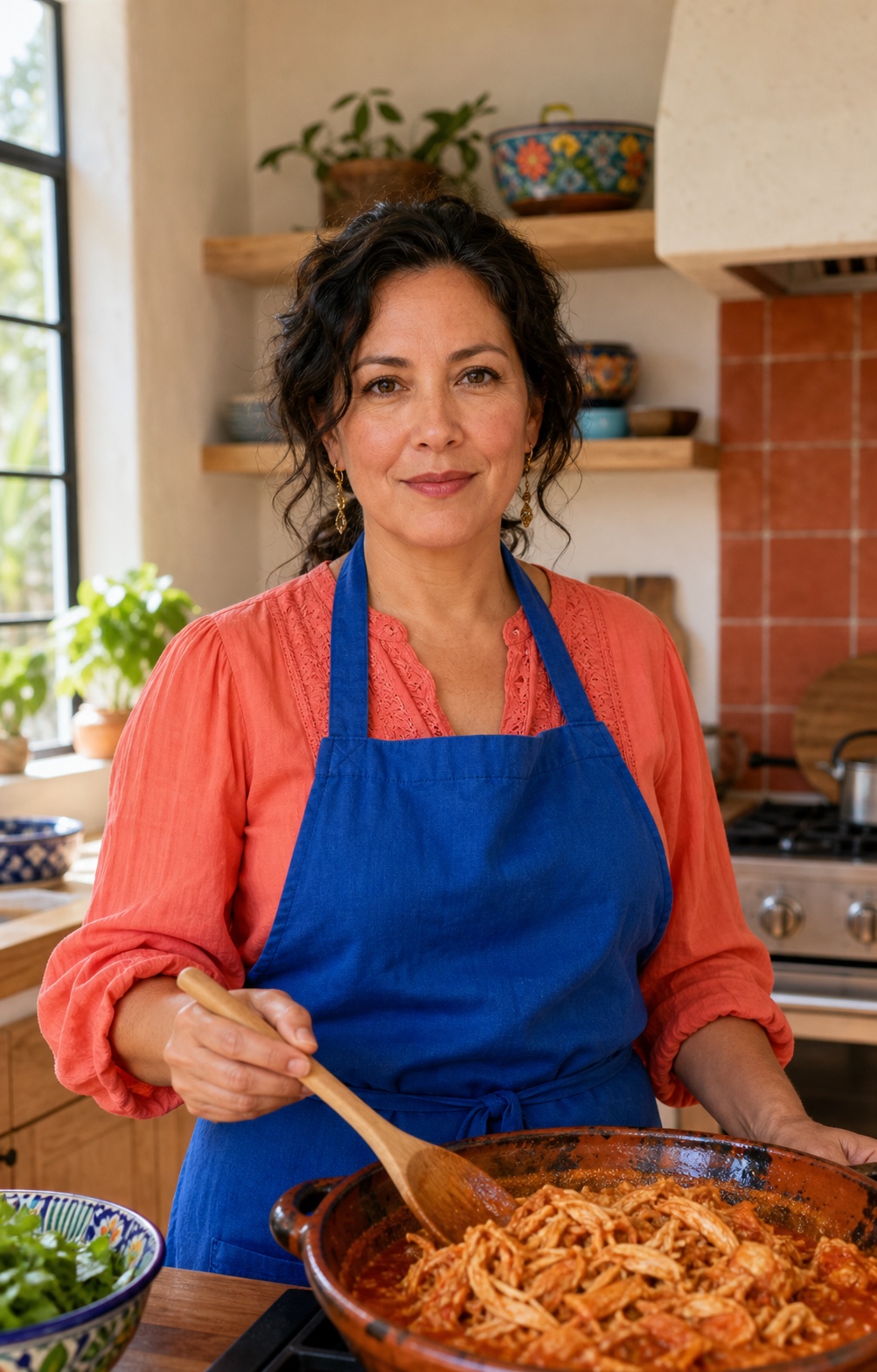 Illustrative portrait of chef Maria G. in a home kitchen
