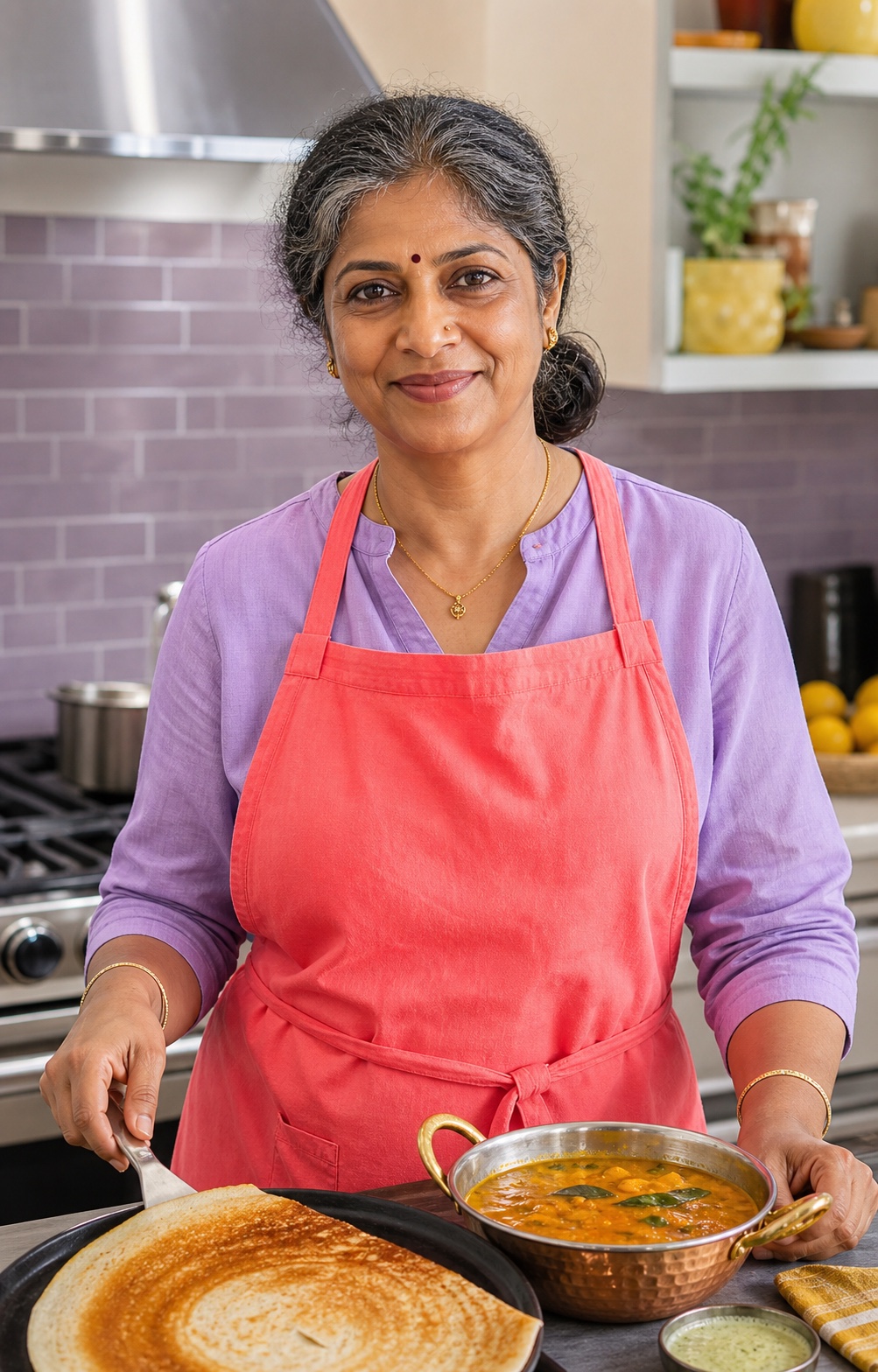 Illustrative portrait of chef Priya S. in a home kitchen