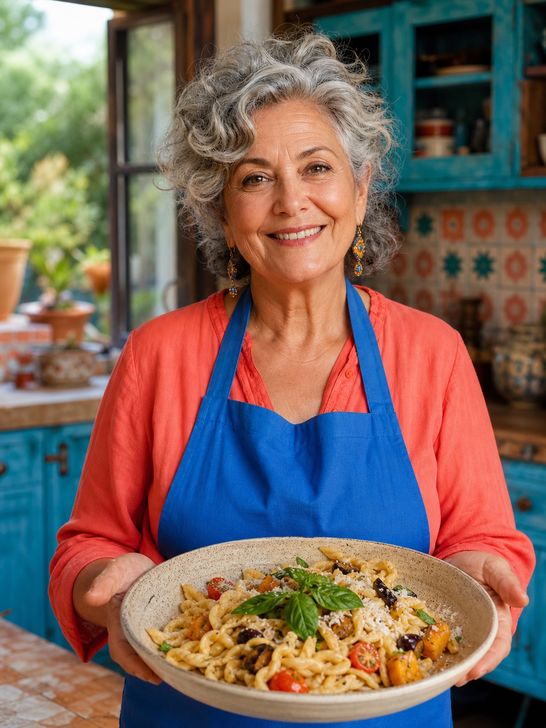 Illustrative portrait of chef Rosa M. in a home kitchen