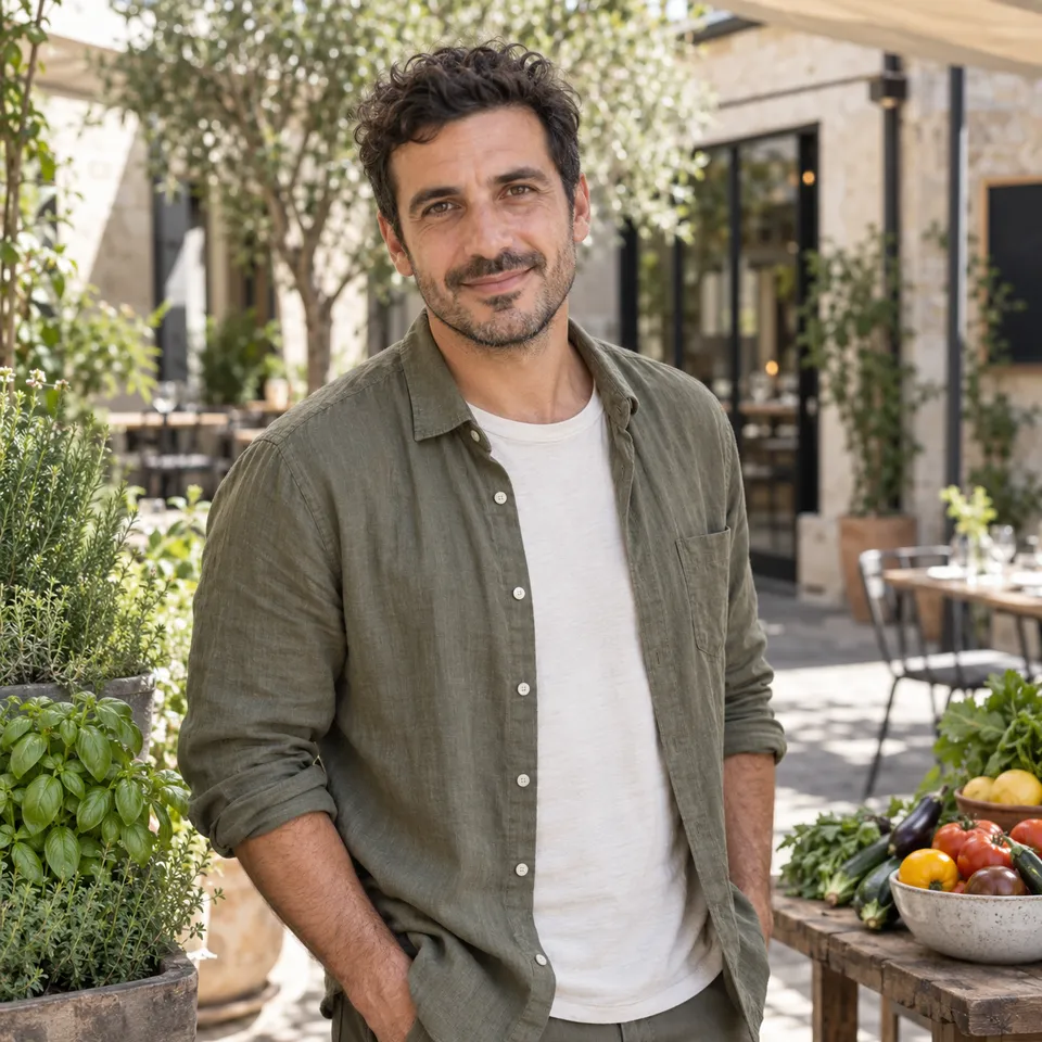 Illustrative portrait of chef Luca M. in olive linen in a sunlit herb courtyard