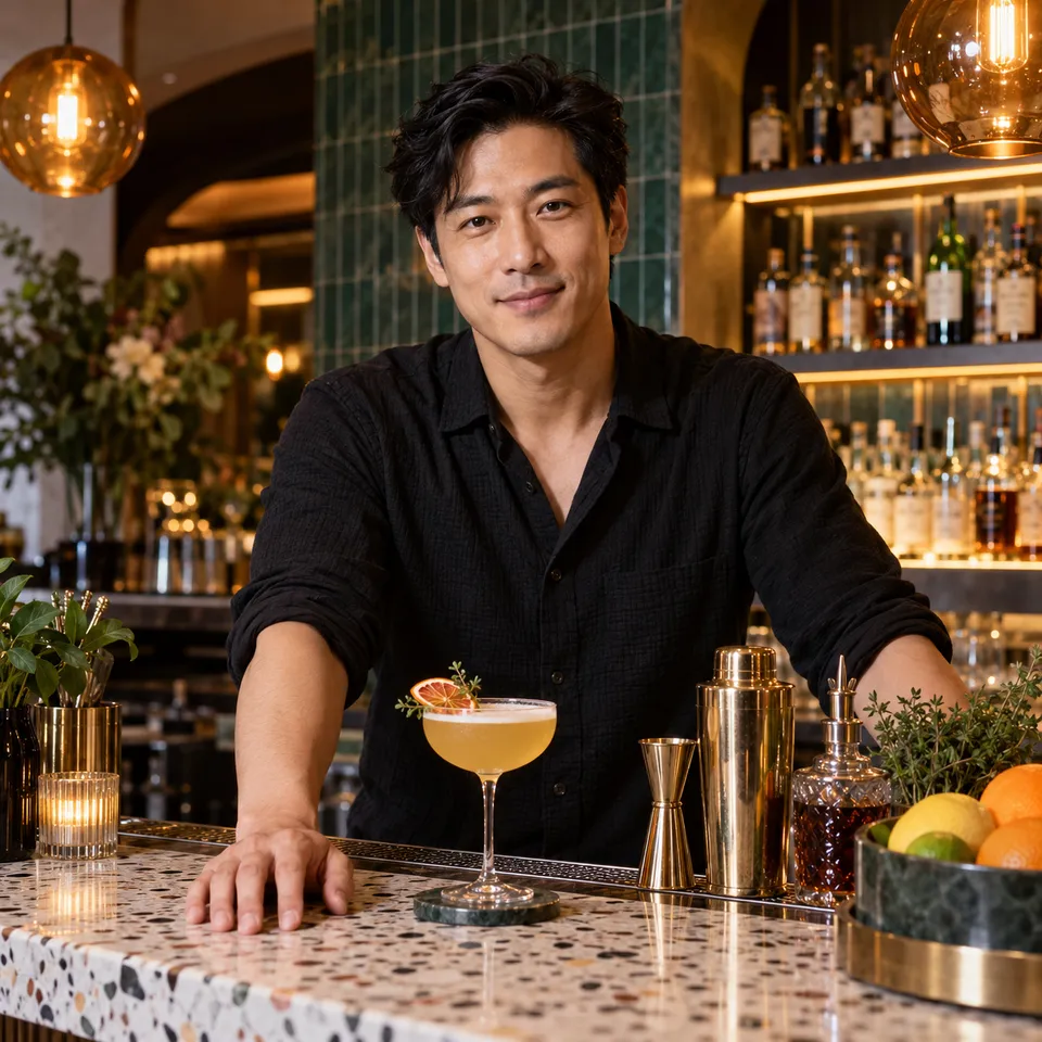 Illustrative Mixologist at a contemporary cocktail bar